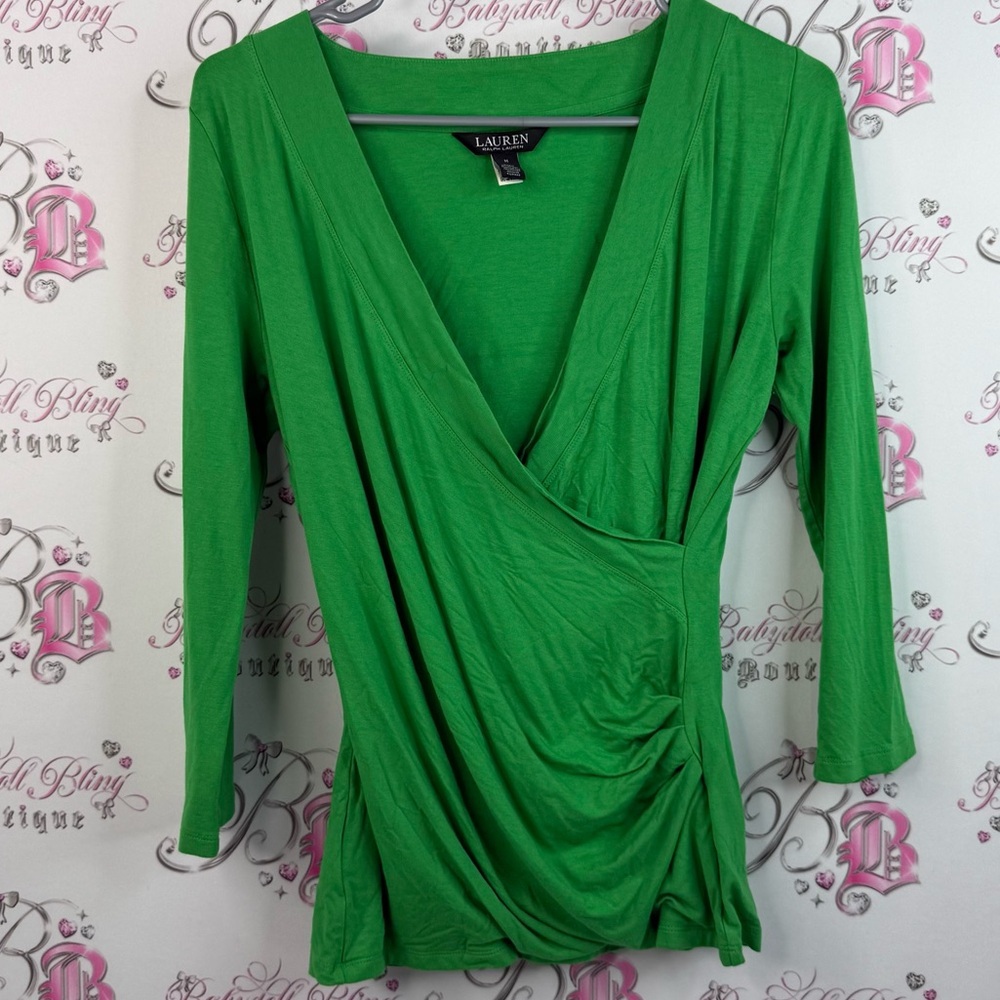 Ralph Lauren shirt blouse draping bright green Lush Vibrant Green V-Neck Blouse